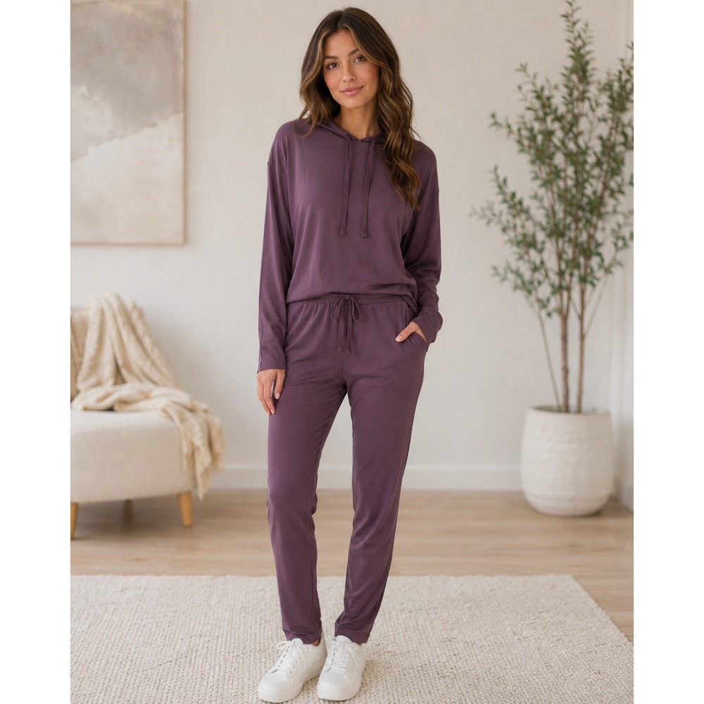 Max & Mia Cozy Luxe Plum Purple Hoodie and Joggers Set Elevated Loungewear L